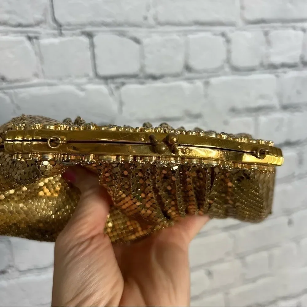 Vintage Whiting & Davis Gold Metal Mesh Rhinestone Kisslock Clutch 1940s/1950s